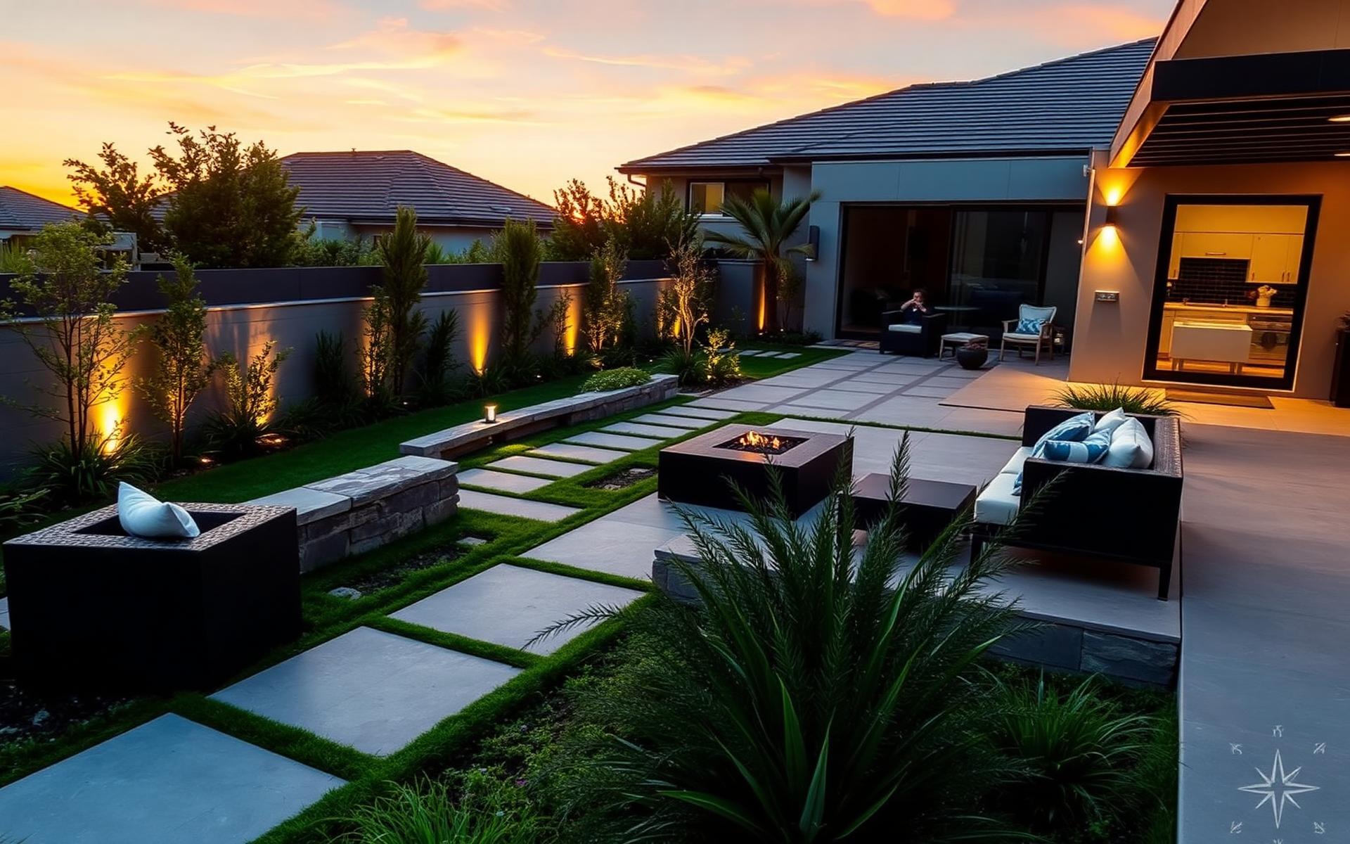 Moderne Gartenanlage im Abendlicht
